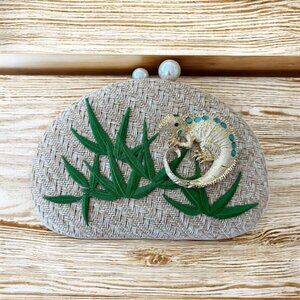 LIZA VANNECK Gold Lizard Embellished Woven Hardsided Clutch Bag